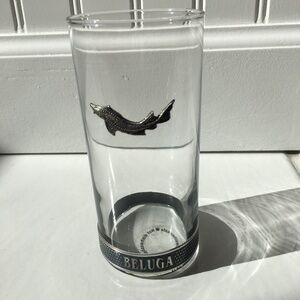 Beluga Russian Vodka Highball Drinking Glass w/Raised Pewter Fish Emblem